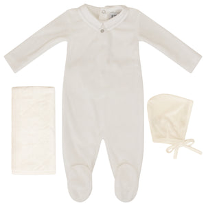 Kipp Baby White Piped Collar Velour Ribbed Layette Set