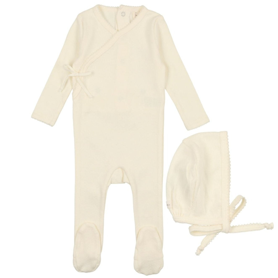 Lilette Ivory Pinpoint Wrapover Stretchie and Bonnet