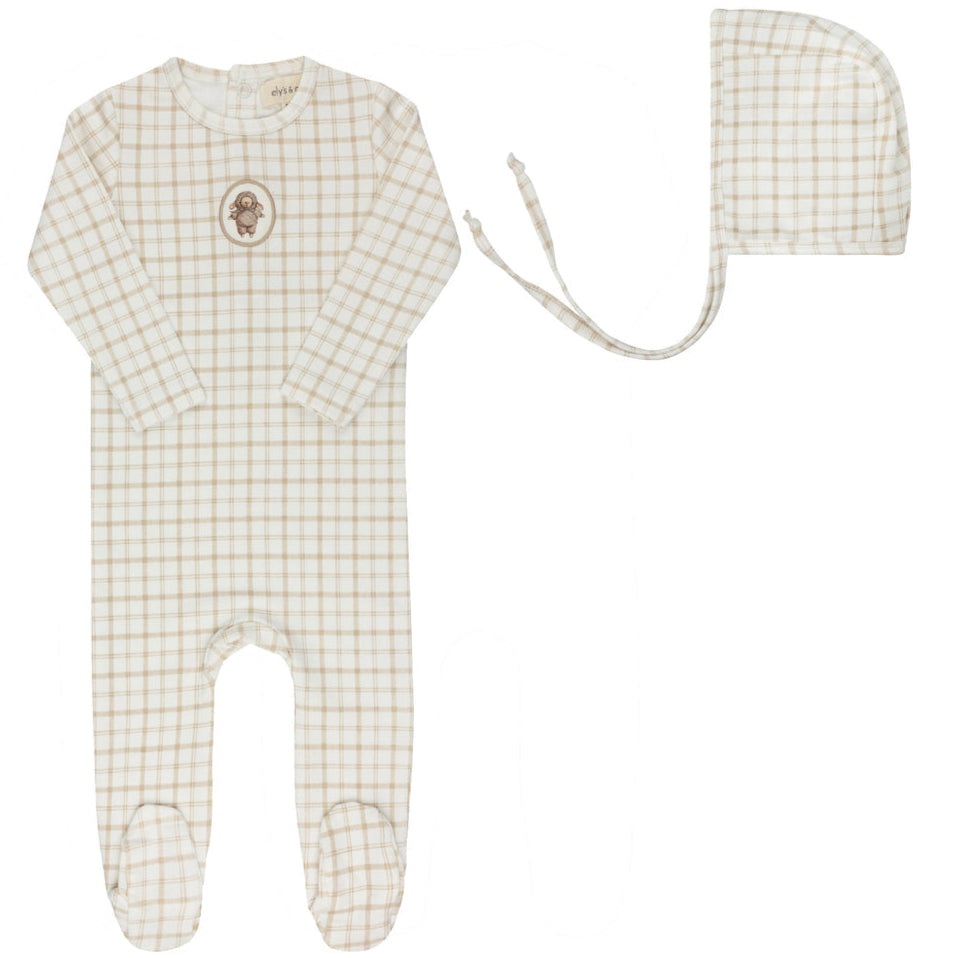 Ely's and Co Beige Plaid Sheep Stretchie and Bonnet