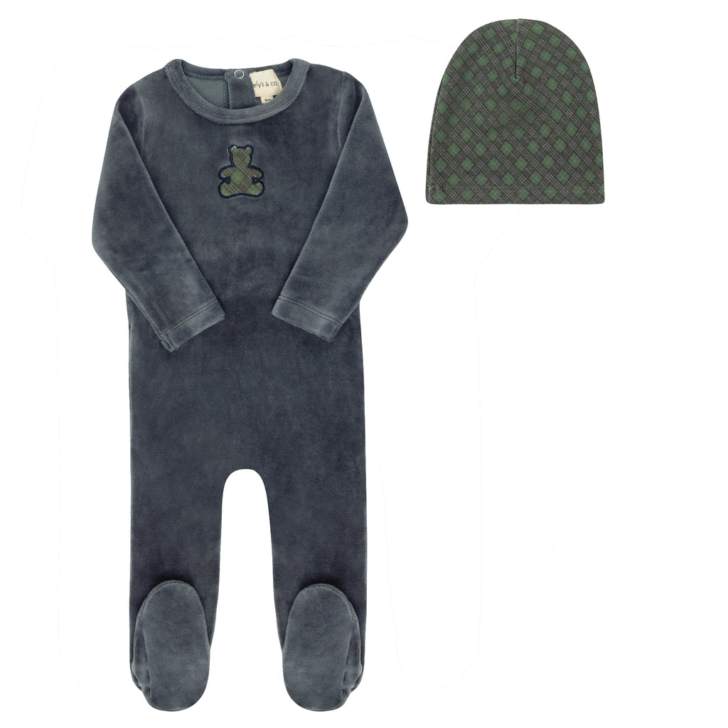 Ely's and Co Blue Velour Plaid Bear Stretchie and Beanie