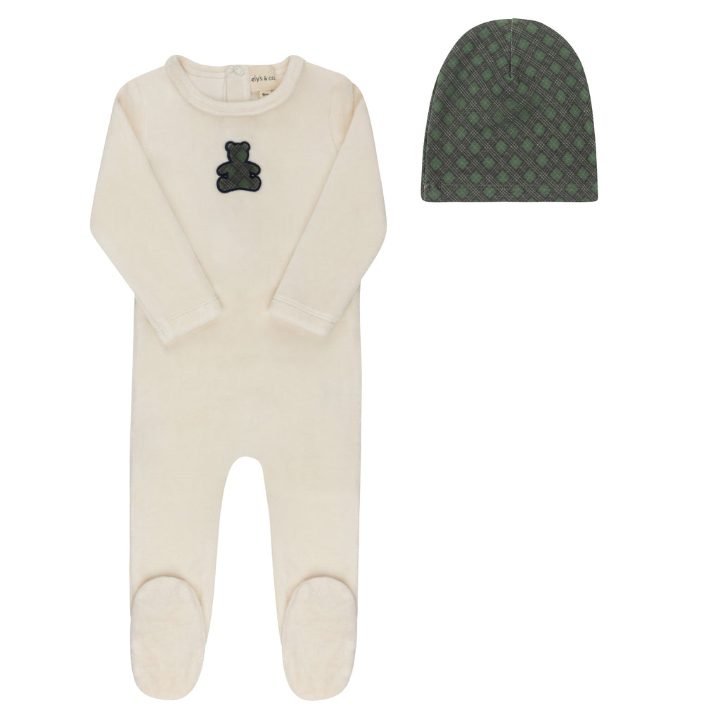 Ely's and Co Ivory/Blue Velour Plaid Bear Stretchie and Beanie