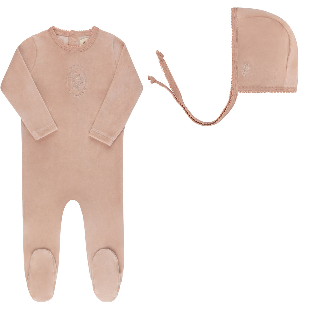Ely's and Co Pink Velour Center Floral Stretchie and Bonnet