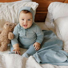 Load image into Gallery viewer, Ely&#39;s and Co Blue Velour Center Floral Stretchie and Bonnet
