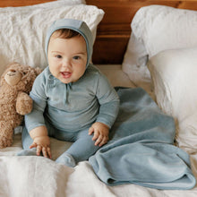 Load image into Gallery viewer, Ely&#39;s and Co Blue Velour Center Floral Layette Set

