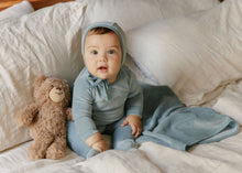 Load image into Gallery viewer, Ely&#39;s and Co Blue Velour Center Floral Stretchie and Bonnet
