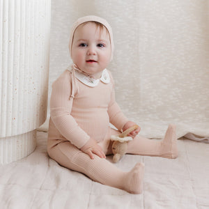 Ely's and Co Pink Heather Organic Embroidered Collar Stretchie and Bonnet