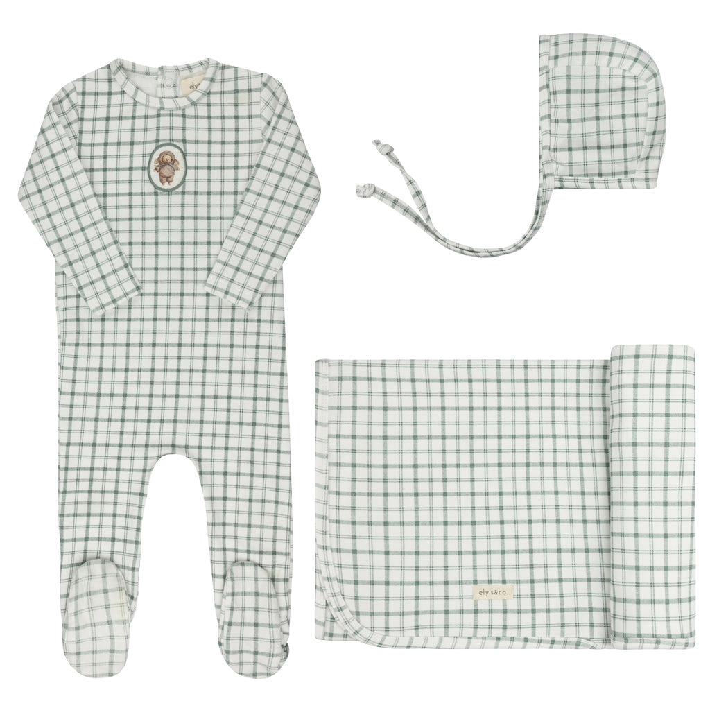 Ely's and Co Teal Plaid Sheep Layette Set
