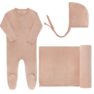 Ely's and Co Pink Velour Center Floral Layette Set