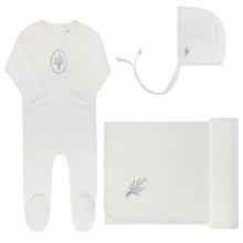 Load image into Gallery viewer, Ely&#39;s and Co Ivory/Blue Velour Center Floral Layette Set
