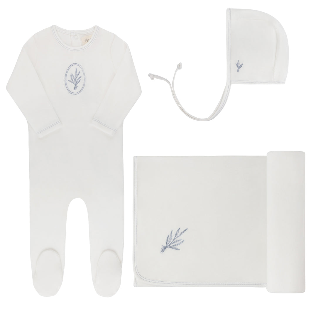 Ely's and Co Ivory/Blue Velour Center Floral Layette Set