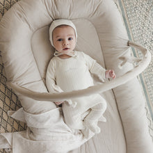 Load image into Gallery viewer, Lilette Cream/Blue Crown Pointelle Graphic Stretchie with Bonnet
