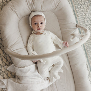 Lilette Cream/Blue Crown Pointelle Graphic Stretchie with Bonnet