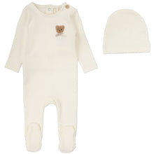 Load image into Gallery viewer, Lilette Cream Bear Applique Stretchie with Beanie
