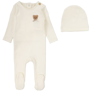 Lilette Cream Bear Applique Stretchie with Beanie
