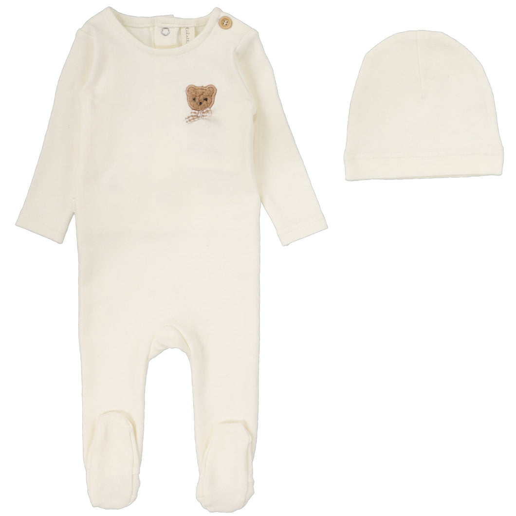Lilette Cream Bear Applique Stretchie with Beanie