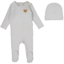 Load image into Gallery viewer, Lilette Pale Blue Bear Applique Stretchie with Beanie
