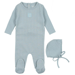 Bee & Dee Blue Fog Classic Pointelle Collection Stretchie with Bonnet