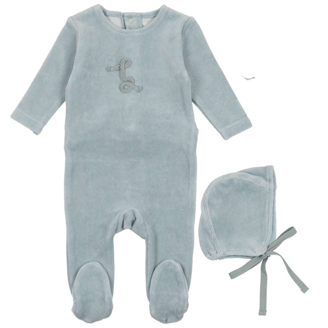 Bee & Dee Powder Blue Classic Velour Stretchie with Bonnet