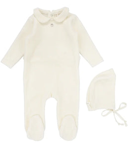 Lilette Cream Velour Collar Stretchie and Bonnet