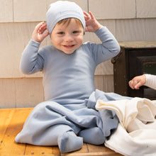 Load image into Gallery viewer, Bee &amp; Dee Dusty Blue Script Cotton Stretchie with Beanie
