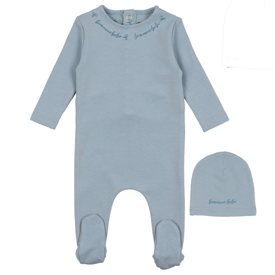 Bee & Dee Dusty Blue Script Cotton Stretchie with Beanie