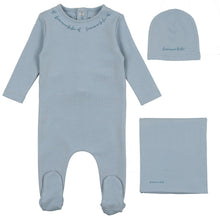 Load image into Gallery viewer, Bee &amp; Dee Dusty Blue Script Cotton Layette Set
