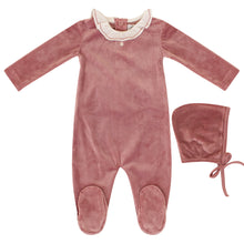 Load image into Gallery viewer, Kipp Baby Mauve Collar Velour Ribbed Stretchie (and bonnet)
