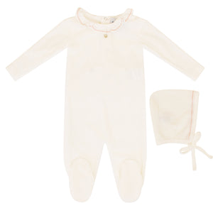 Kipp Baby White Collar Velour Ribbed Stretchie (and bonnet)