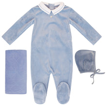 Load image into Gallery viewer, Kipp Baby Sage Piped Collar Velour Ribbed Layette Set
