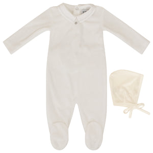 Kipp Baby White Piped Collar Velour Ribbed Stretchie (and bonnet)