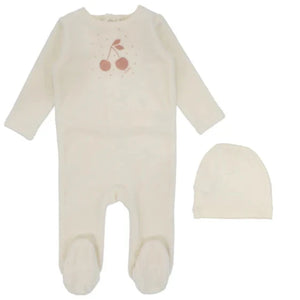 Lilette Ivory/Apricot Cherry Graphic Velour Stretchie and Beanie