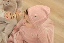 Load image into Gallery viewer, Bee &amp; Dee Dusty Pink Embroidered Edge Velour Stretchie with Beanie

