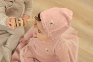 Bee & Dee Dusty Pink Embroidered Edge Velour Stretchie with Beanie