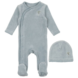 Bee & Dee Cloud Blue Embroidered Edge Velour Stretchie with Beanie