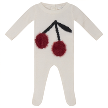 Load image into Gallery viewer, So Loved Off White/Cranberry Baby Knit Romper With Cherry
