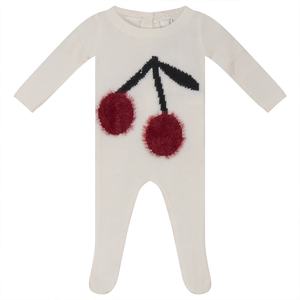 So Loved Off White/Cranberry Baby Knit Romper With Cherry