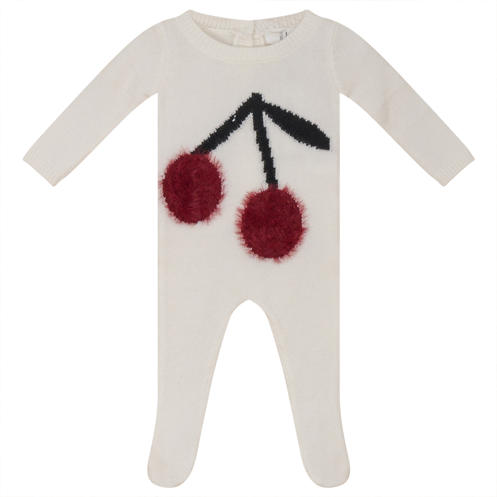 So Loved Off White/Cranberry Baby Knit Romper With Cherry