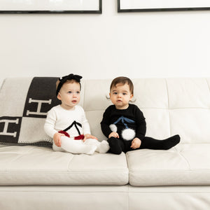 So Loved Off White/Cranberry Baby Knit Romper With Cherry