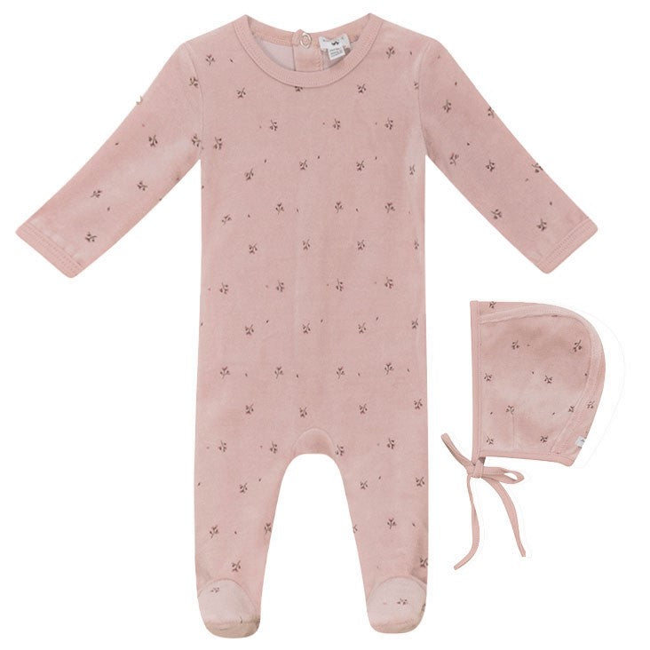 Little Fragile Baby Pink Velour Floral Stretchie and Bonnet
