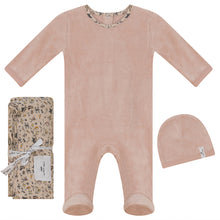 Load image into Gallery viewer, Fragile Blush Floral Trim Velour Layette Set
