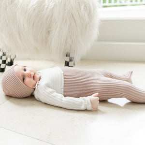 Little Fragile Mauve/Off White Baby 2 Tone Rib Knit Stretchie and Bonnet