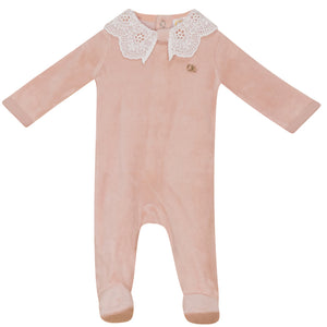 Clô Baby Pink Velour Stretchie with Embroider Collar