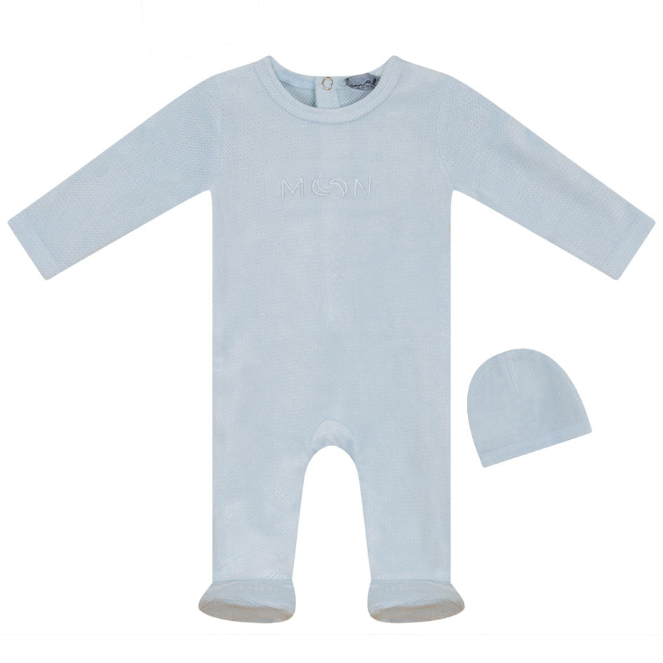 Small Moments Light Blue Velour Stretchie and Hat