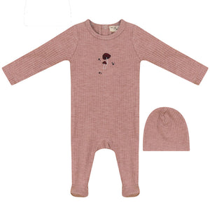 Bebe Bella Pink Mushroom Embroidery Ribbed Stretchie and Beanie