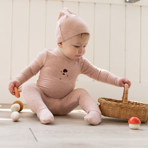 Bebe Bella Pink Mushroom Embroidery Ribbed Stretchie and Beanie