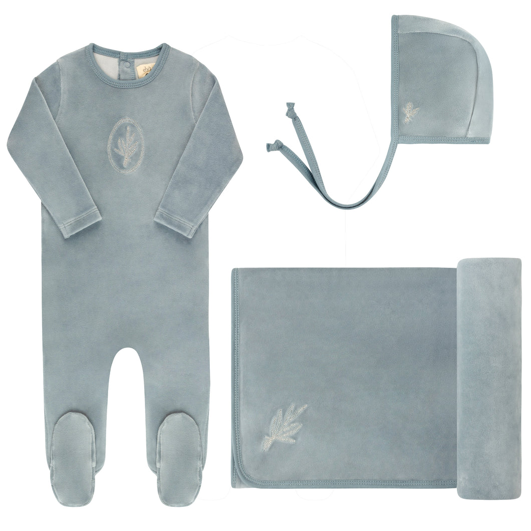 Ely's and Co Blue Velour Center Floral Layette Set