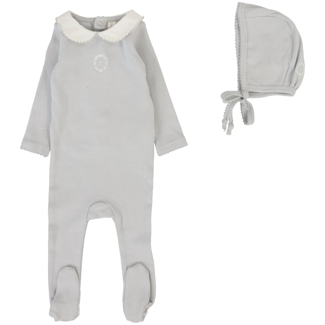 Lilette Pale Blue Emblem Embroidered Stretchie with Bonnet