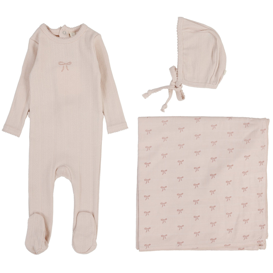 Lilette Soft Pink Bow Pointelle Graphic Layette Set
