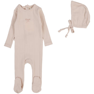 Lilette Soft Pink Bow Pointelle Graphic Stretchie with Bonnet