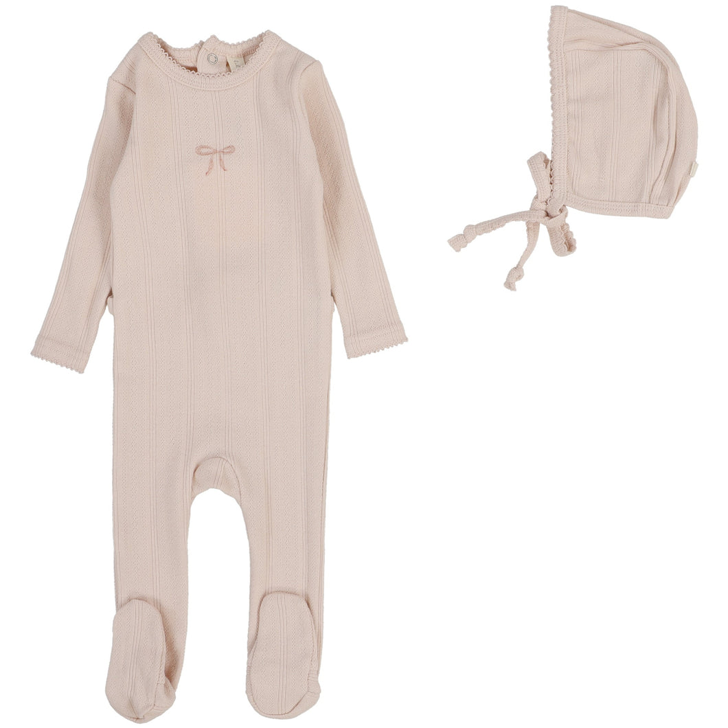 Lilette Soft Pink Bow Pointelle Graphic Stretchie with Bonnet